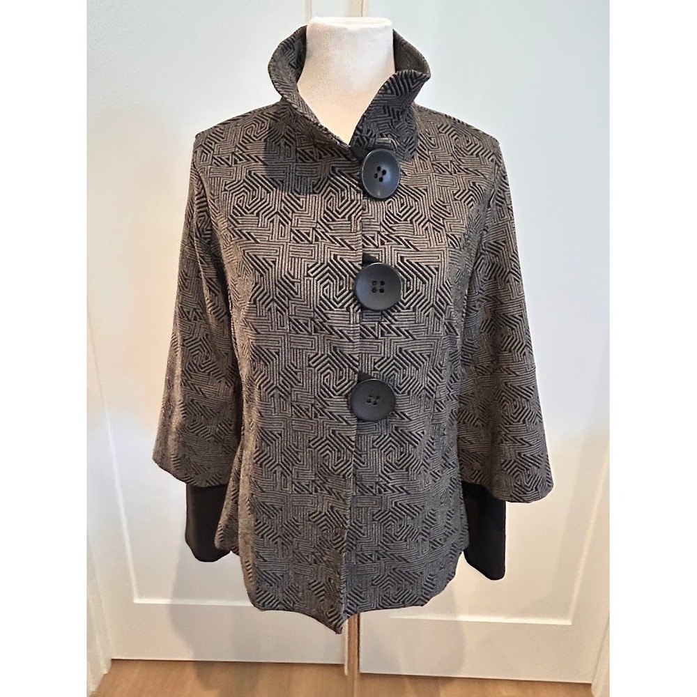 Joseph Ribikoff Grey Black Geometric‎ Jacquard Funnel Neck Swing Jacket Size 12 - Picture 3 of 11